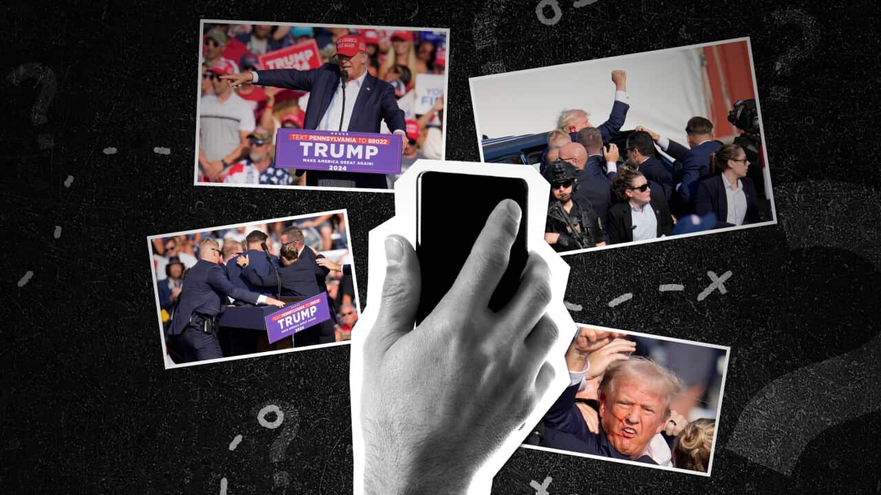 A graphic with a black-and-white hand superimposed over several photos of Donald Trump taken on the day of an assassination attempt.