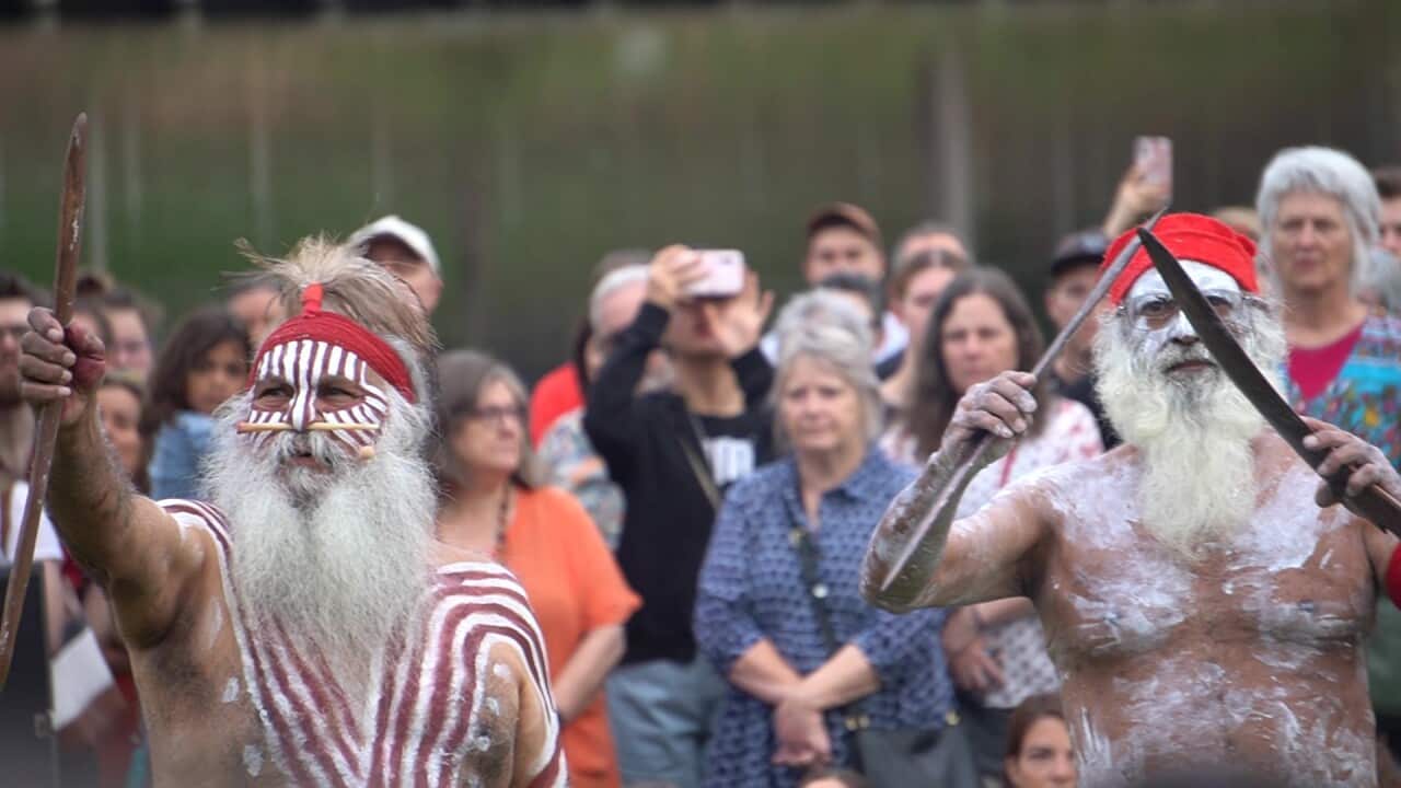 Uncle Major 'Moogy' Sumner (L) and Uncle Fred Agius (R) at the 'Mourning the Morning' ceremony Survival Day Adelaide