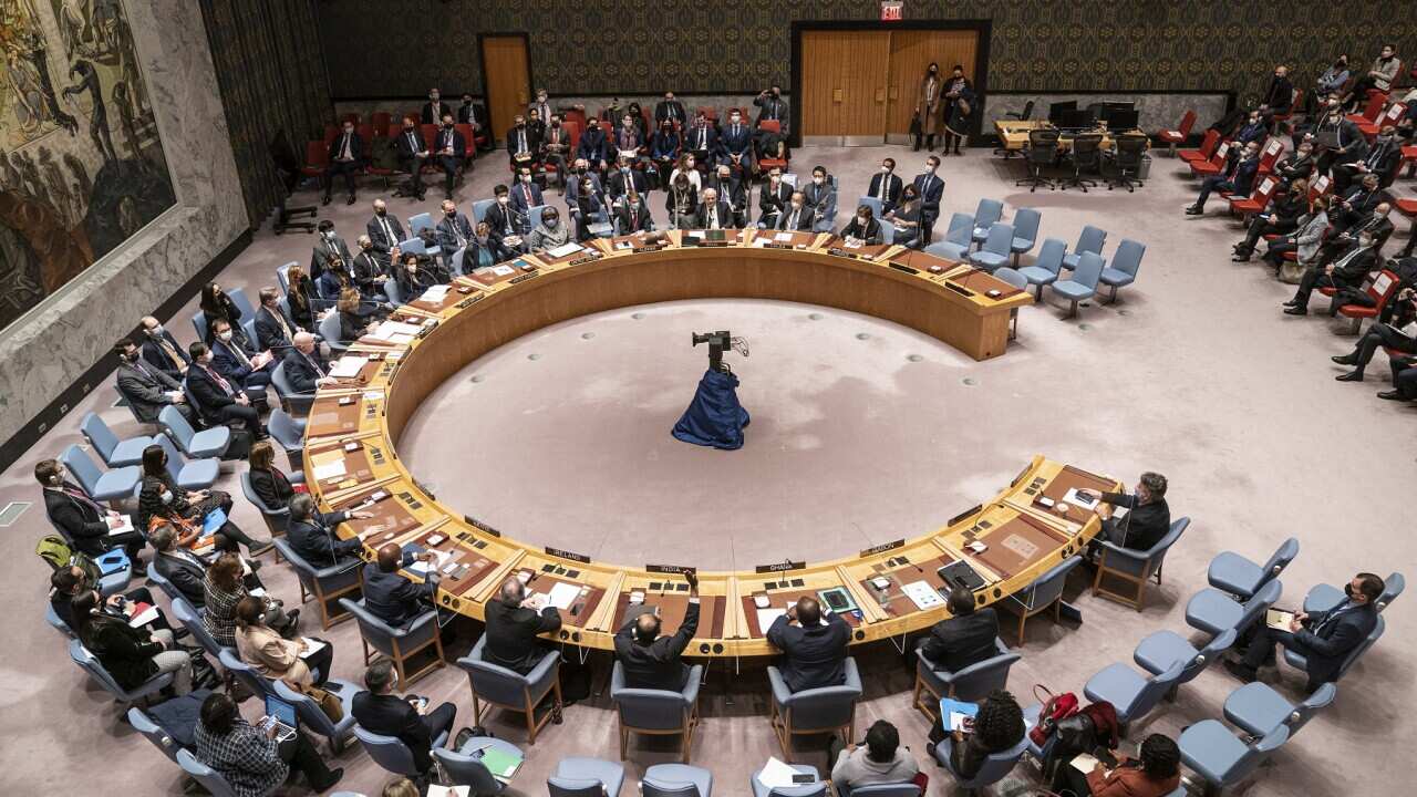 Security Council meeting and vote on resolution on war in Ukraine with 3 countries China, UAE, India raised their hands voting as abstained at UN Headquarters in New York on February 25, 2022. (Photo by Lev Radin/Sipa USA)