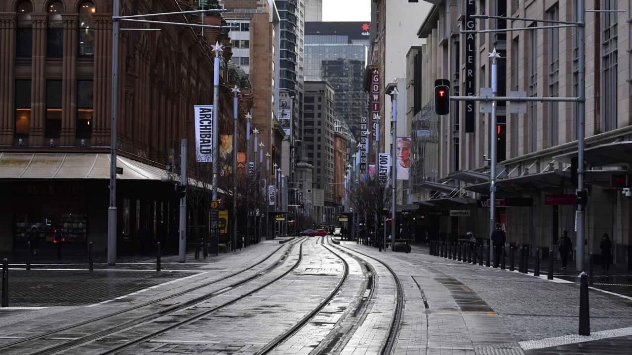George Street is seen empty in Sydney's central business district on 29 June 2021.  