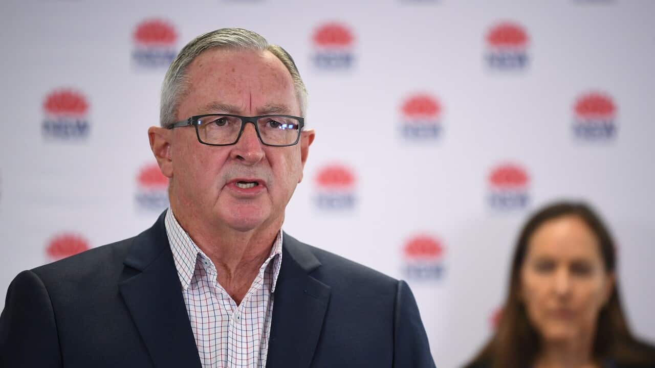 NSW Health Minister Brad Hazzard speaks to the media in Sydney, Sunday, May 24, 2020. (AAP Image/Joel Carrett) NO ARCHIVING