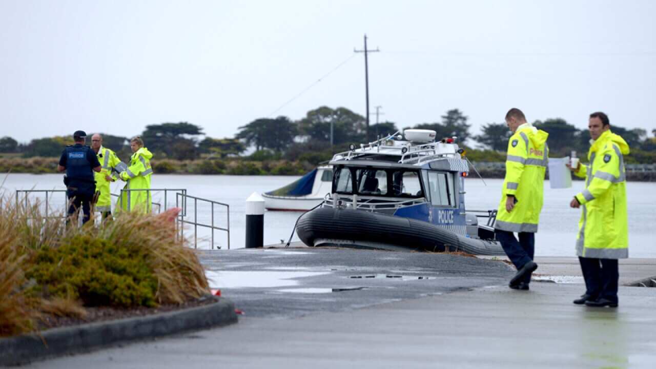 A Victorian Police boat is seen docked at Point Lonsdale