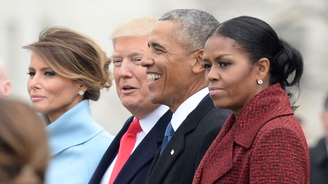 President Donald Trump, First Lady Melania Trump, former President Barack Obama and former First Lady Michelle Obama at Mr Trump's inauguration in 2017.