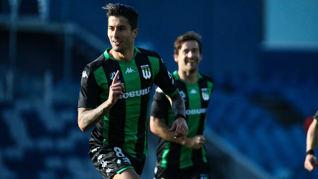 Panagiotis Kone of Western United celebrates a goal during the A-League round 2 match between Western United and Perth Glory at GMHBA Stadium.