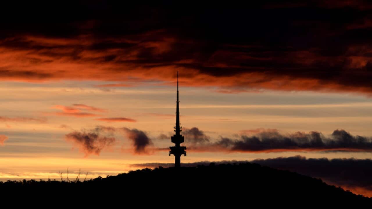 The sun sets behind the Telstra Tower on Black Mountain in Canberra, Thursday, June 8, 2017. (AAP Image/Mick Tsikas) NO ARCHIVING