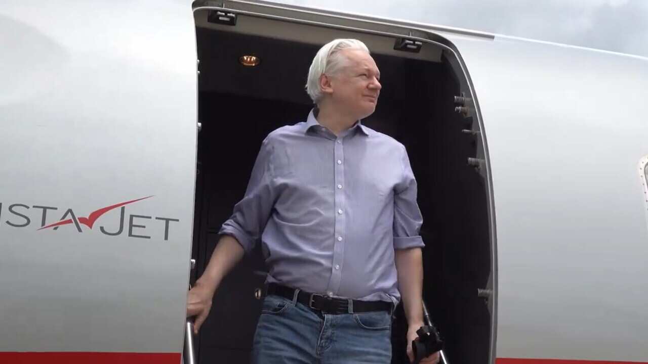 Julian Assange standing at a plane door