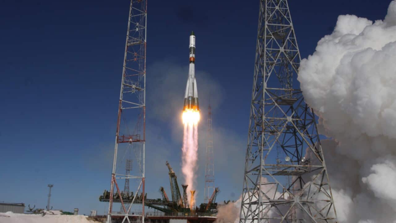 Soyuz-U rocket booster with a Progress MS-05 cargo spacecraft