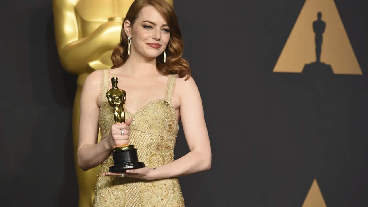 Emma Stone with her Oscar for Best Actress in a leading role for "La La Land."