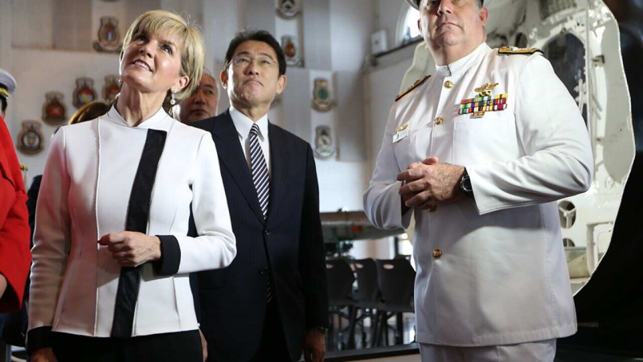 Jumio Kishida (2nd left) with Foreign Affairs Julie Bishop (left)