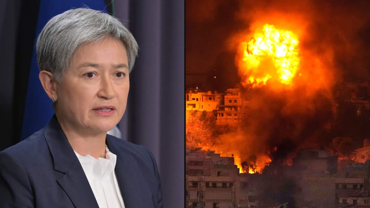A split image. On the left is Australia's foreign minister Penny Wong. On the right is flames rising after an Israeli airstrike on Lebanon's capital.
