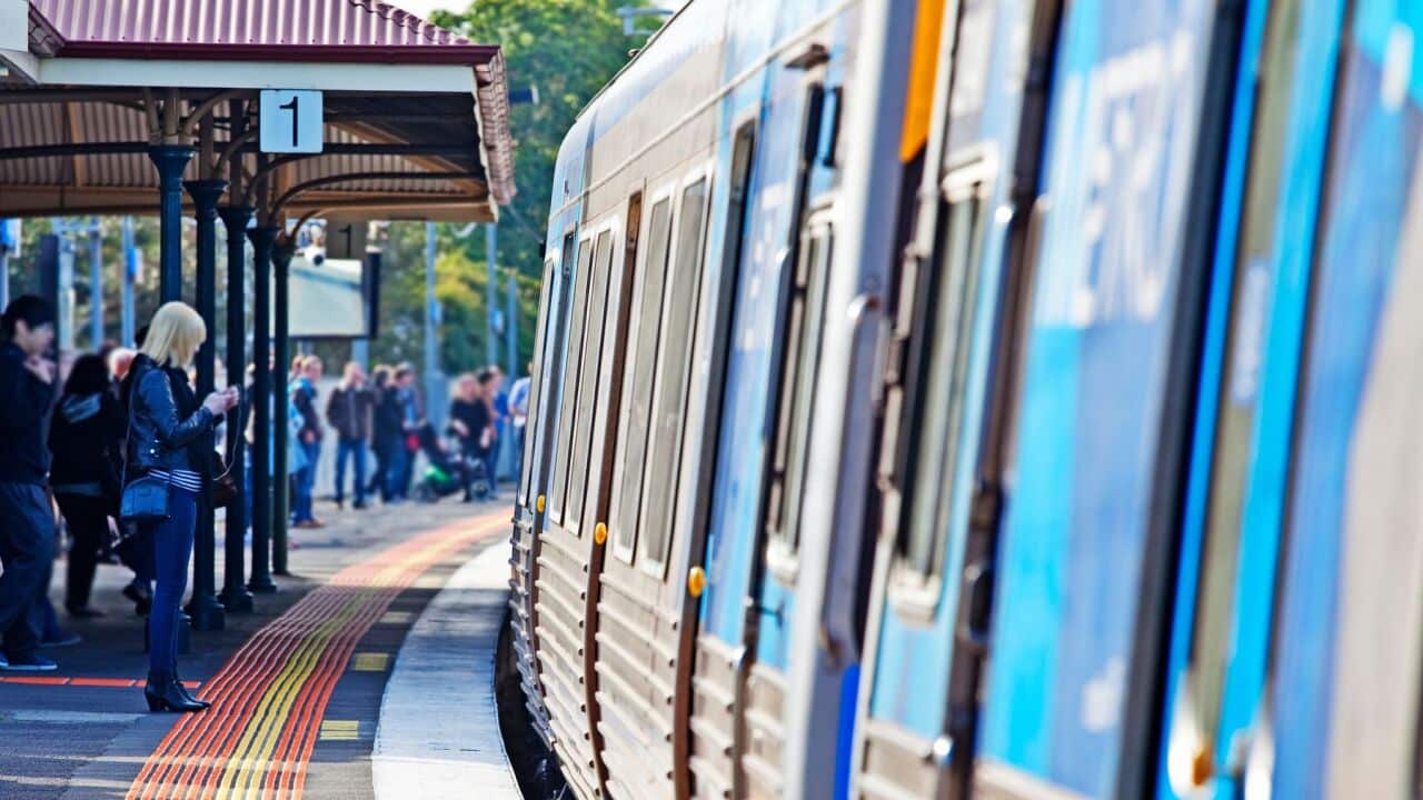 Commuters at Yarraville railway station, Melbourne.