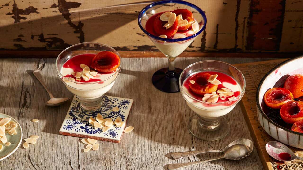 Mexican almond and rice milk panna cotta with braised apricots