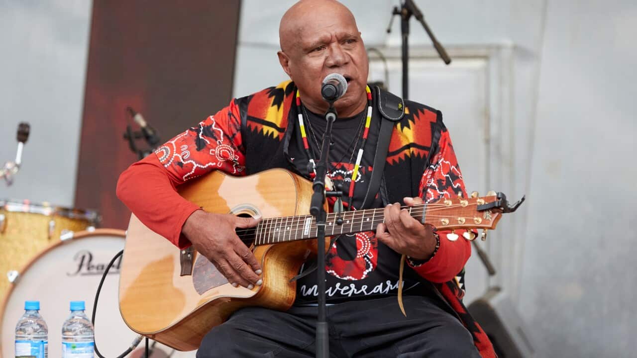 Archibald 'Archie' Roach performs during the annual Long Walk celebrations in Melbourne on 25 May 2019.