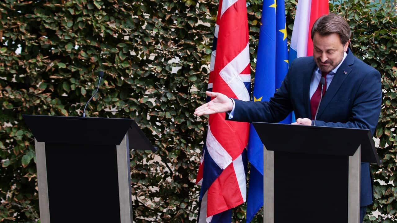 Luxembourg Prime Minister Xavier Bettel speaks to the media after British PM Boris Johnson pulled out of their joint press conference
