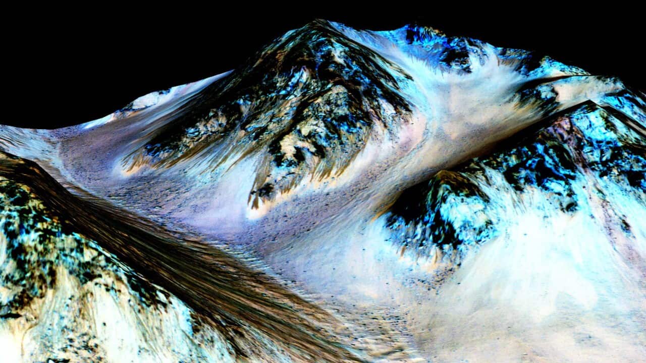 This undated photo provided by NASA and taken by an instrument aboard the agency's Mars Reconnaissance Orbiter shows dark, narrow, 100 meter-long streaks on the surface of Mars that scientists believe were caused by flowing streams of salty water. (NASA/J