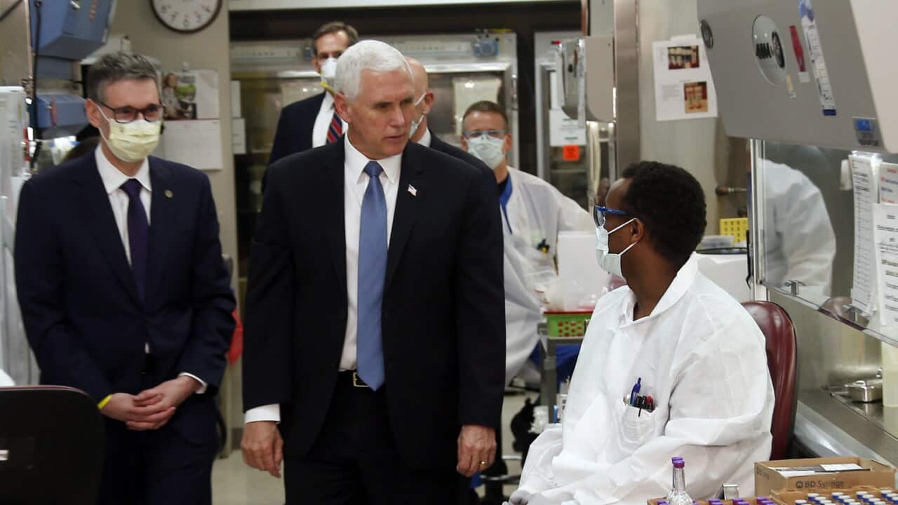 Vice President Mike Pence visits the molecular testing lab at Mayo Clinic Tuesday, 28 April, 2020, in Rochester, Minnesota.