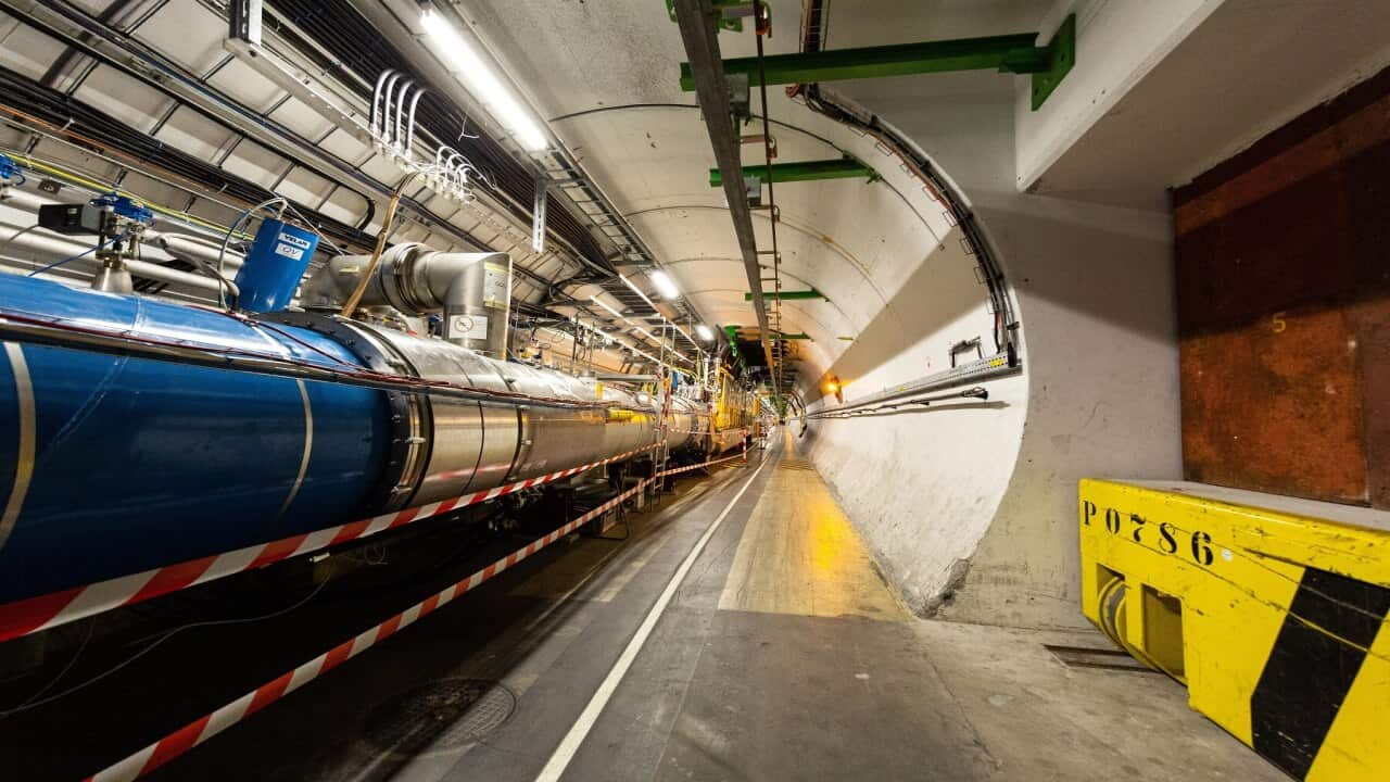 Part of the Large Hadron Collider tunnel at the CERN particle physics research facility in Meyrin, Switzerland
