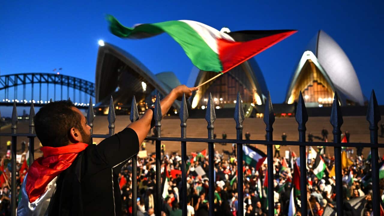 A man leaning on a fence waves a Palestinian flag. A crowd below is in front of the Sydney Opera house.