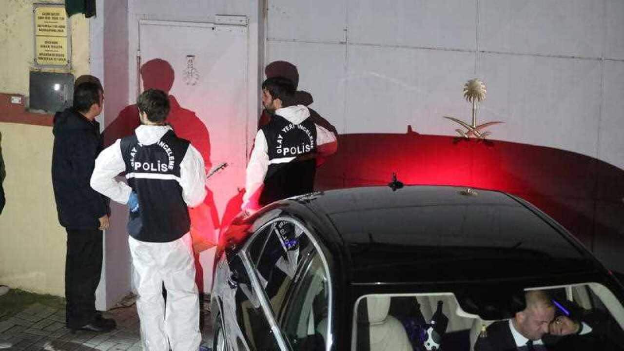 Turkish forensic policemen stand in front of the backyard of the Saudi Consulate during second investigation in Istanbul, Turkey, 17 October 2018.