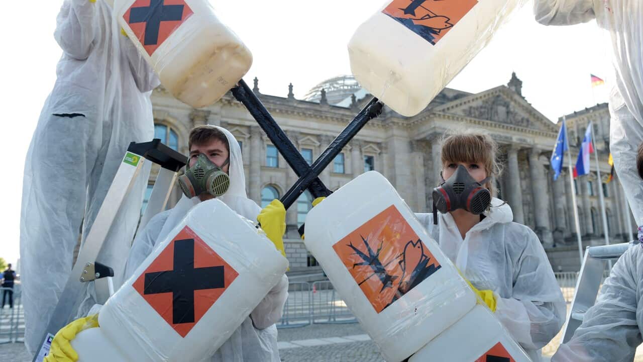 Activists of the German Federation for the Environment and Nature Conservation (BUND) protest against the use of the herbicide glyphosate