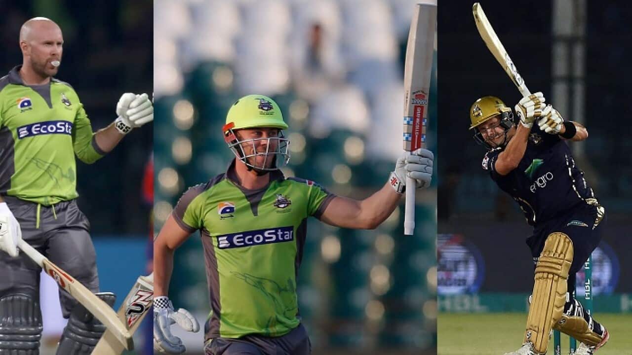 From left, Australian cricketers, Ben Dunk, Chris Lynn and Shane Watson playing in Pakistan Super League.