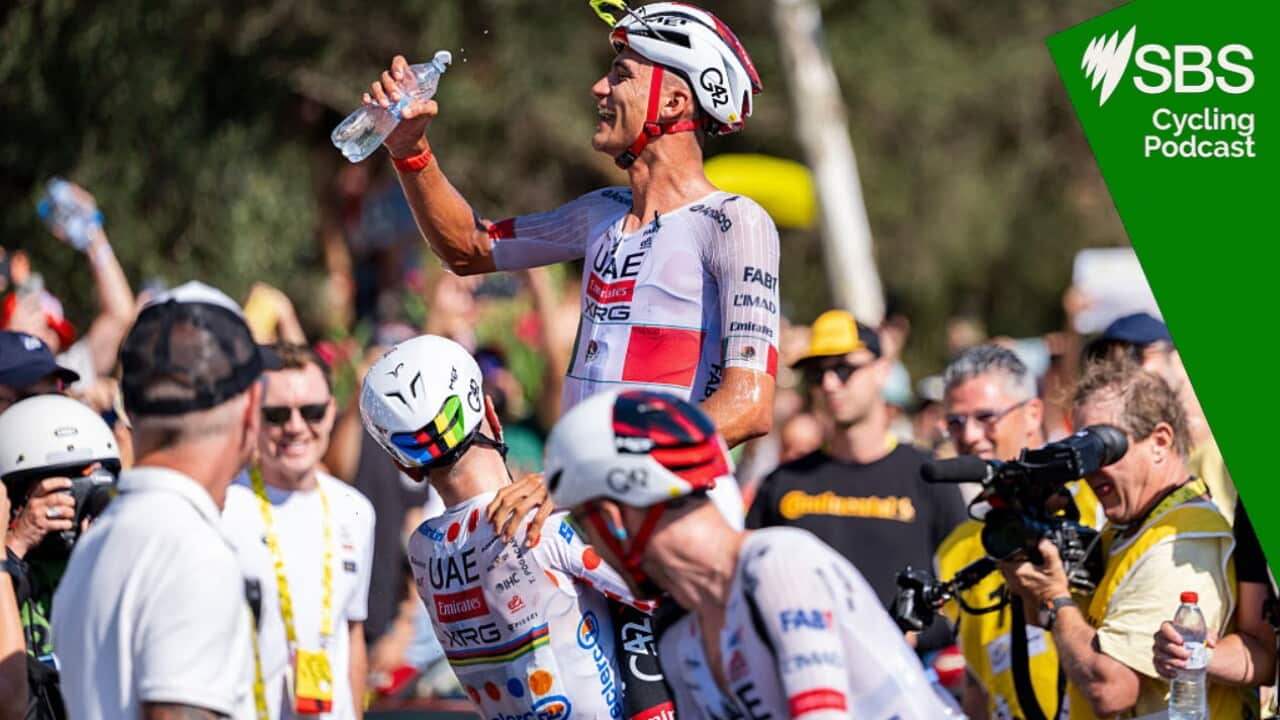BARCELONA, SPAIN - JULY 5: Stage winner, Isaac Del Toro of Mexico and Tadej Pogacar of Slovenia and UAE Team Emirates - XRG - Polka dot Mountain Jersey react after the 113th Tour de France 2026, Stage 2 a 168.5km stage from Tarragona to Barcelona 109m / #UCIWT / on July 05, 2026 in Barcelona, Spain. (Photo by Alberto Gardin/Eurasia Sport Images/Getty Images)