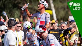 BARCELONA, SPAIN - JULY 5: Stage winner, Isaac Del Toro of Mexico and Tadej Pogacar of Slovenia and UAE Team Emirates - XRG - Polka dot Mountain Jersey react after the 113th Tour de France 2026, Stage 2 a 168.5km stage from Tarragona to Barcelona 109m / #UCIWT / on July 05, 2026 in Barcelona, Spain. (Photo by Alberto Gardin/Eurasia Sport Images/Getty Images)