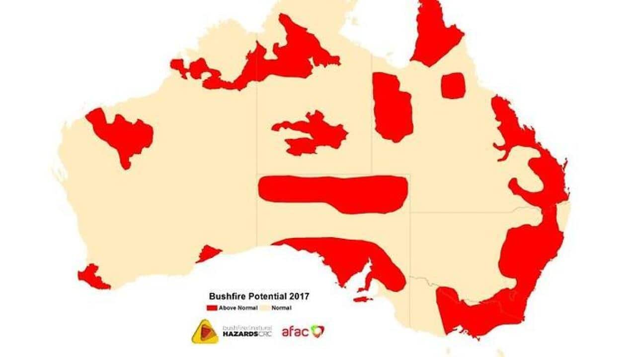 All states and territories have been marked 'red' in a 2017 bushfire outlook.