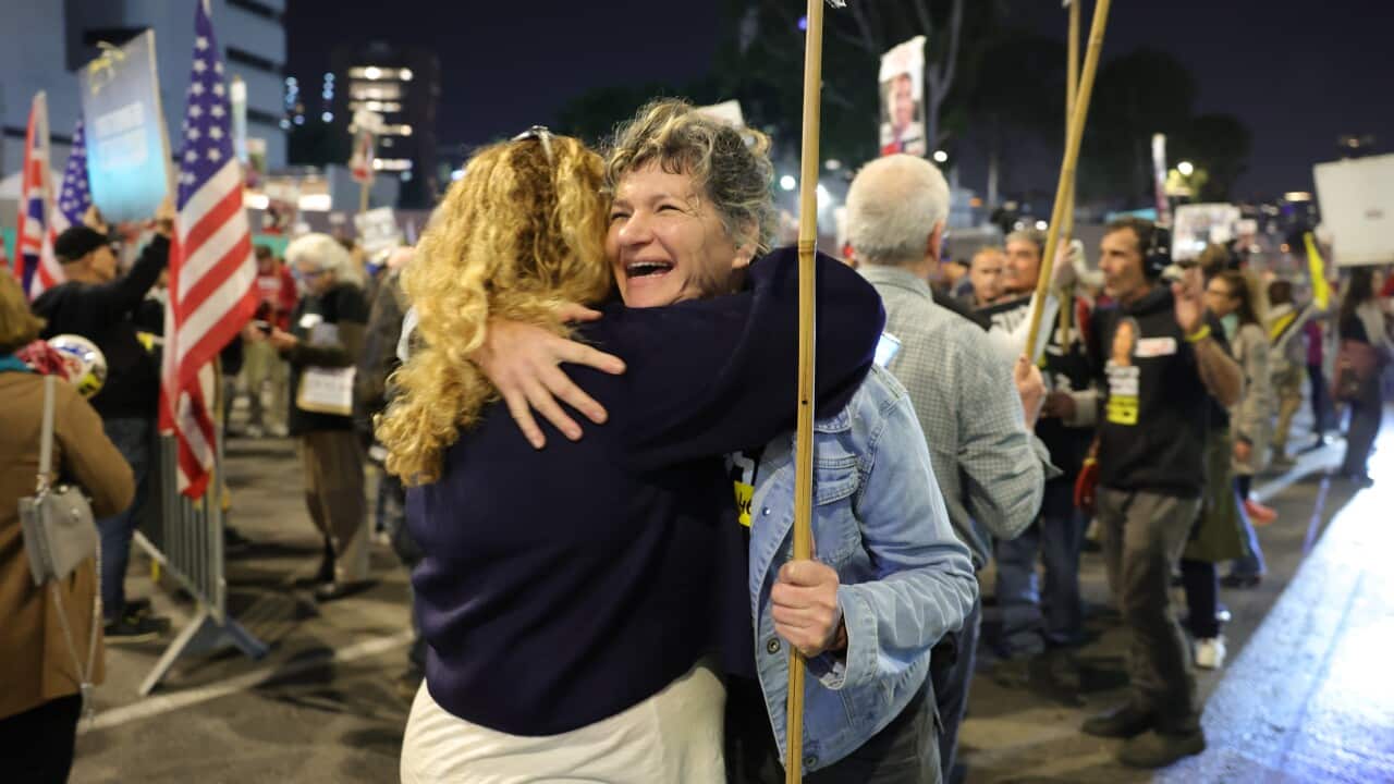 Famiy members of of hostages held by Hamas in Gaza and their supporters react to ceasefire reports during a protest calling for a ceasefire and for the release of the hostages, outside the Likud party headquarters in Tel Aviv, Israel, 15 January 2025.