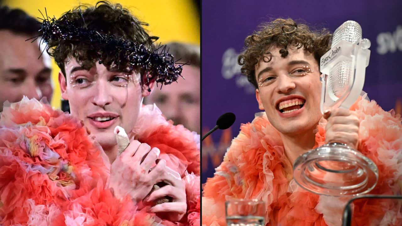 A split image. On the left is Eurovision 2024 winner Nemo with a bandaged thumb. On the right is Nemo holding the Eurovision trophy