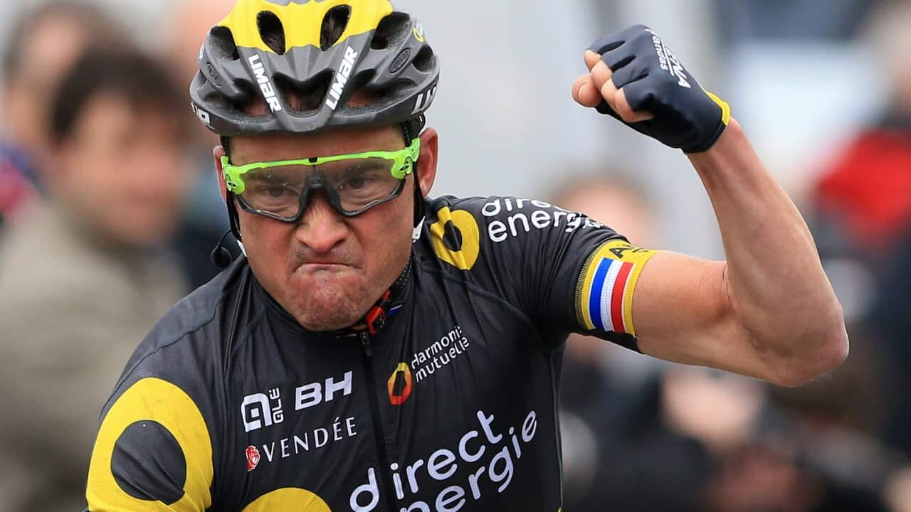 Thomas Voeckler celebrates as he crosses the finish line at the Tour of Yorkshire