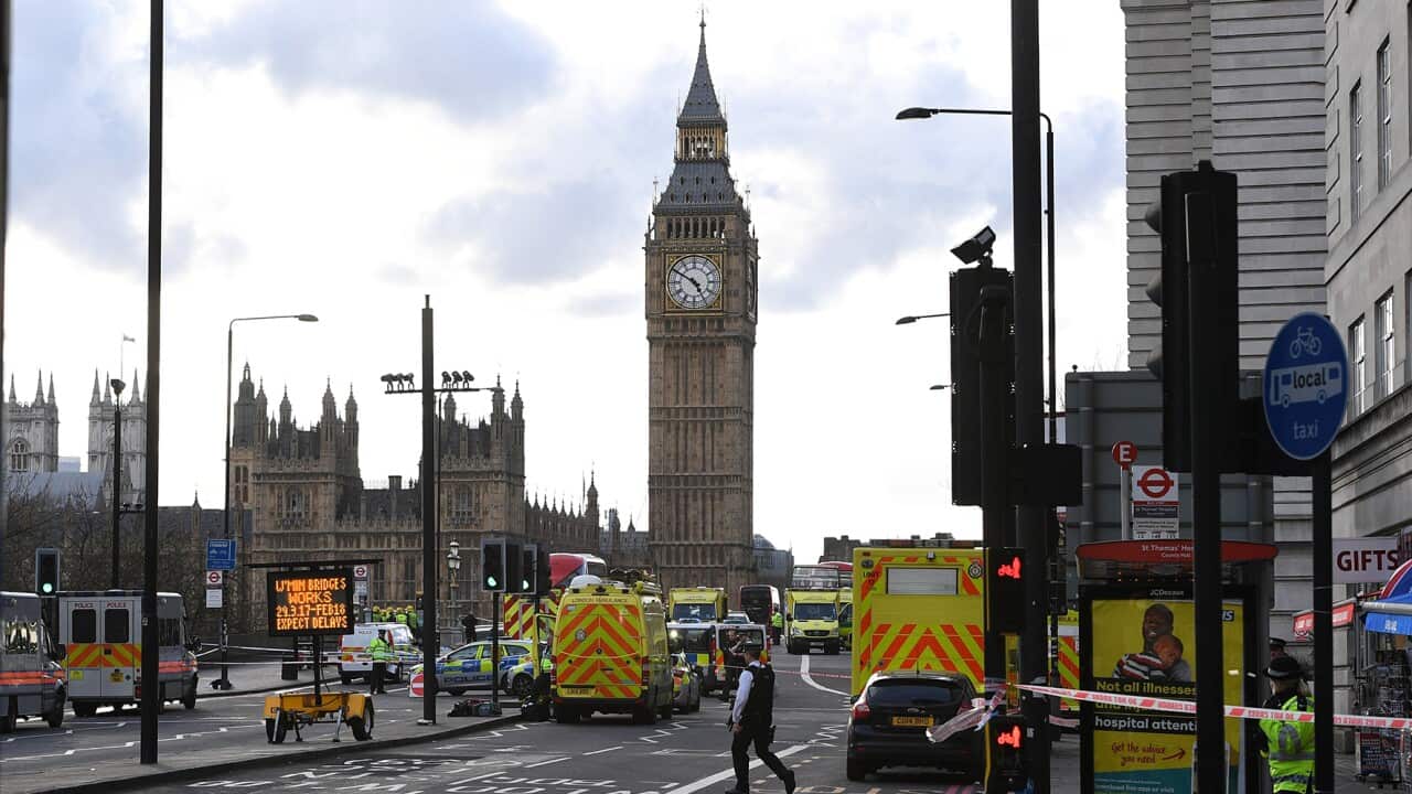 Armed police following major incidents in Westminster Bridge in central London, Britain, 22 March 2017.