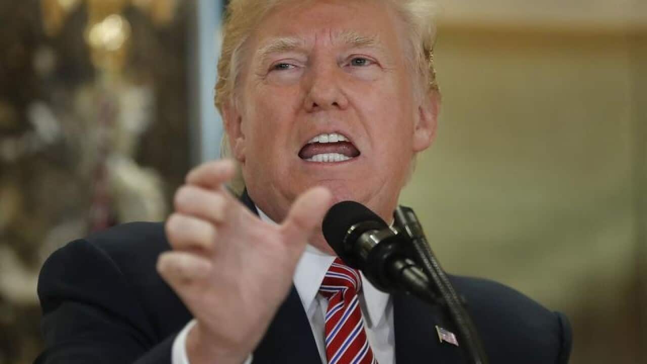 President Donald Trump speaks to the media