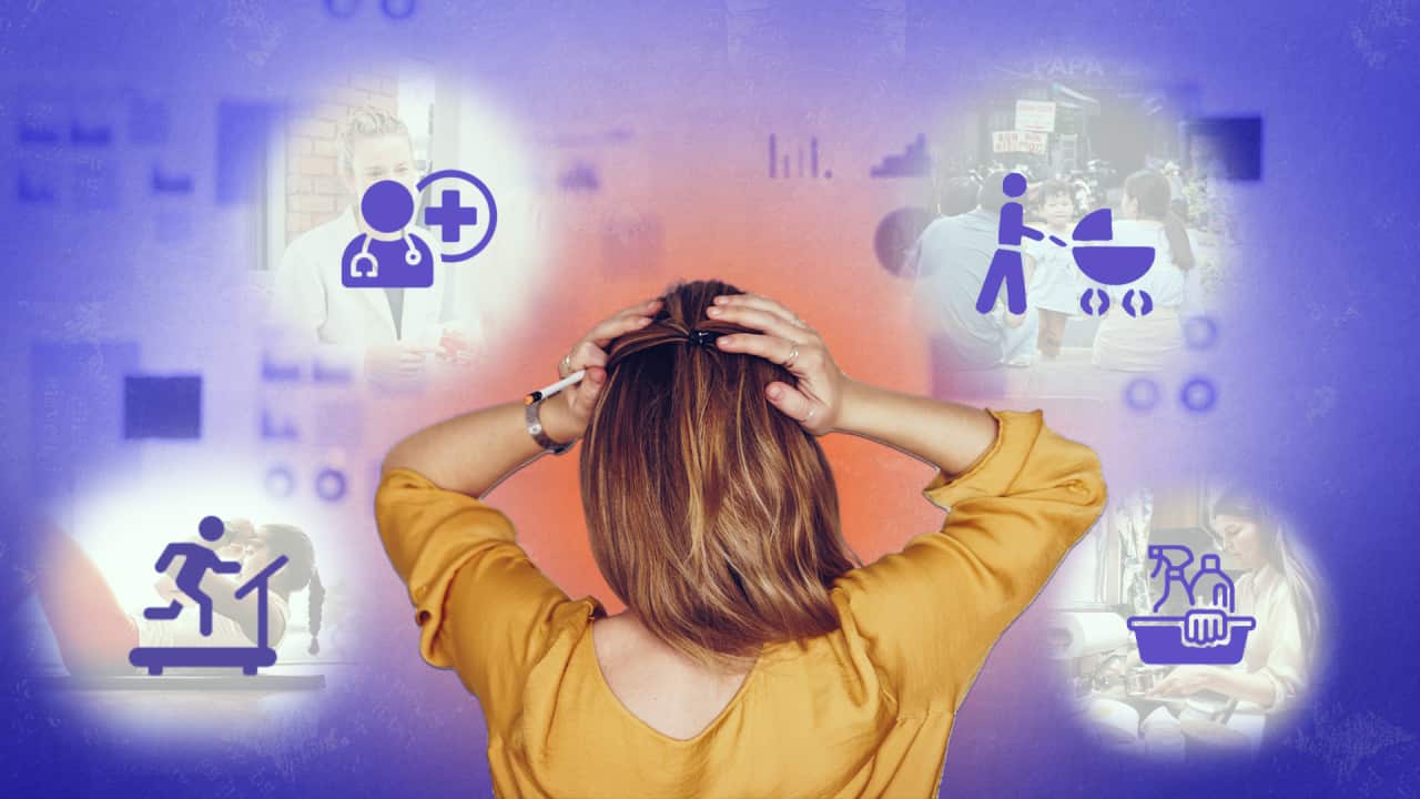 Composite image shows the back of a woman's head with icons around her representing exercise, child care and cleaning
