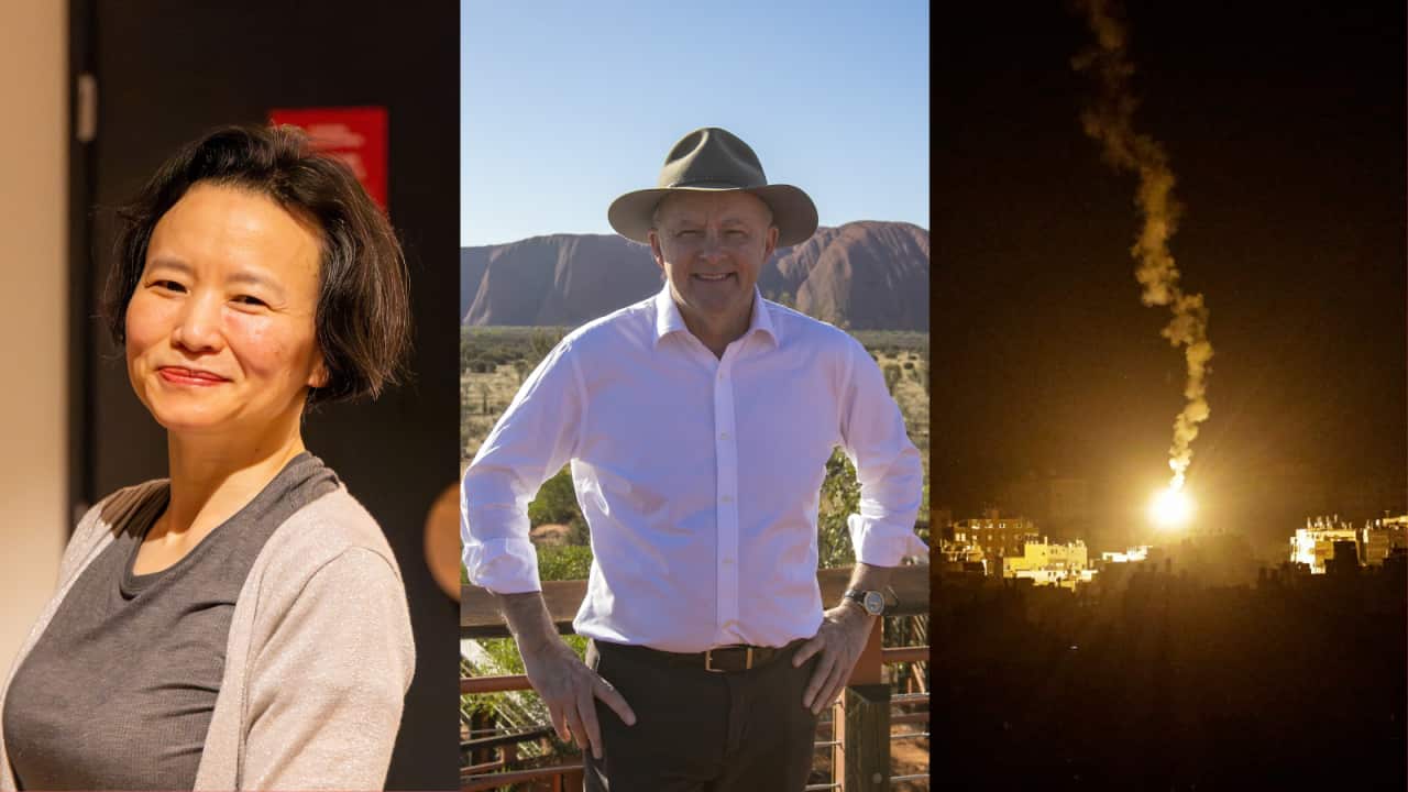 A composite image showing Australian journalist Cheng Lei, Anthony Albanese and an explosion at night