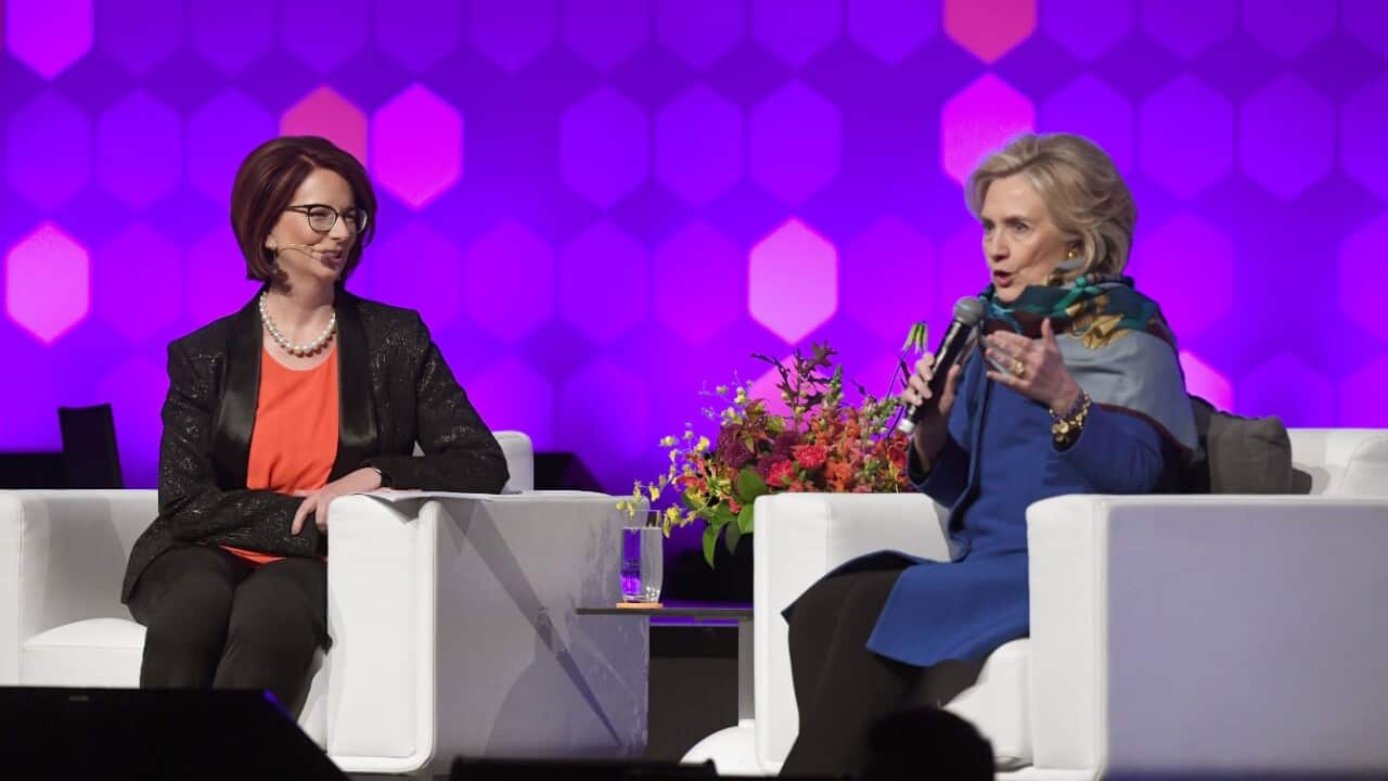 Former US secretary of state Hillary Clinton speaks with former Australian prime minister Julia Gillard at a Women World Changers series in Melbourne