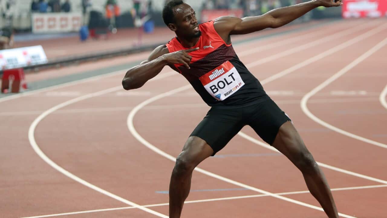 Jamaica's Usain Bolt celebrates winning the 200m