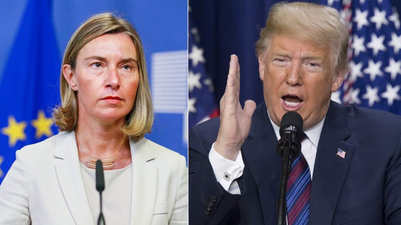 Federica Mogherini (L) and Donald Trump (R).