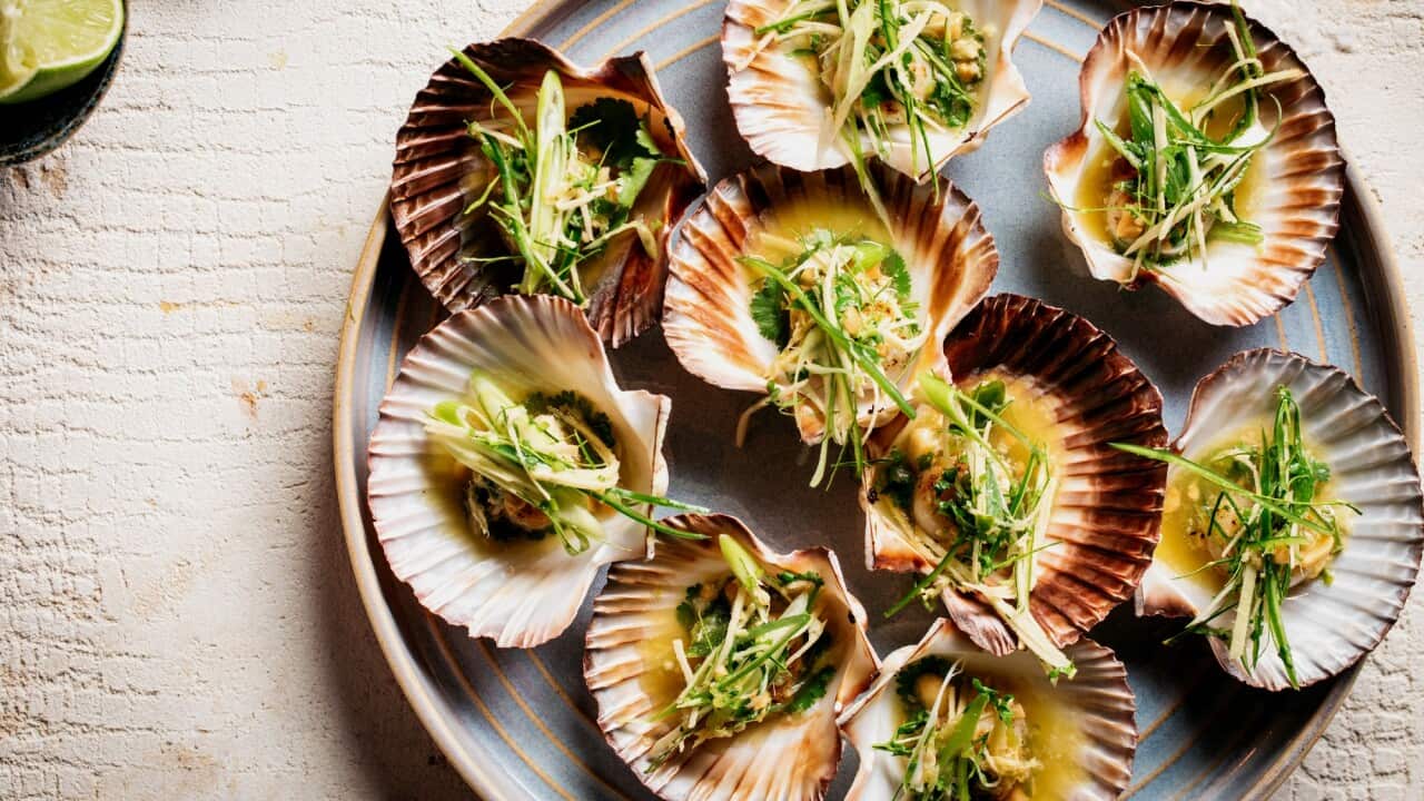 Caramelised peanut nahm jim with scallops