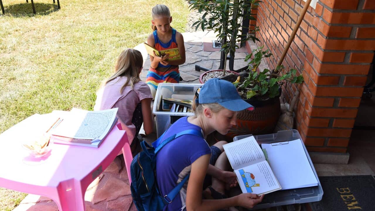 German girls study at the library of their house in Paraguay