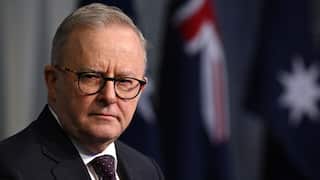 Anthony Albanese in a suit in front of an Australian flag in a formal setting.