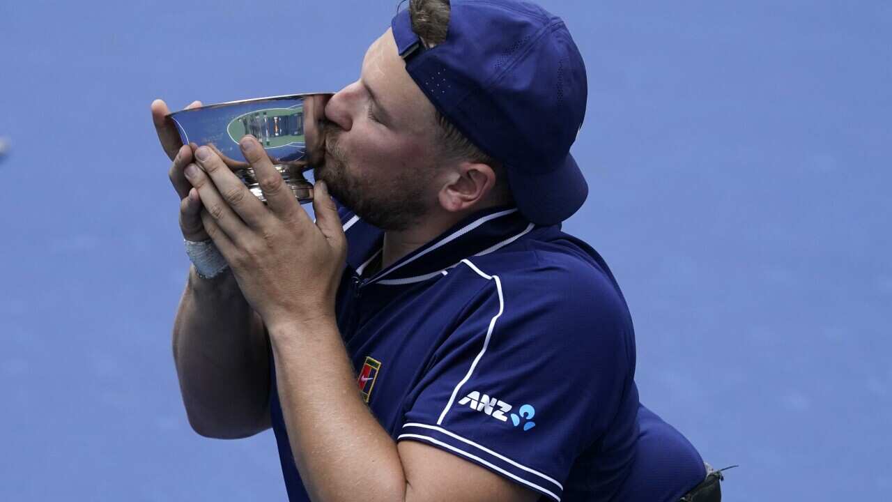Dylan Alcottcelebrates after defeating Niels Vink during the men's wheelchair quad singles final at the US Open in New York, 12 September, 2021.