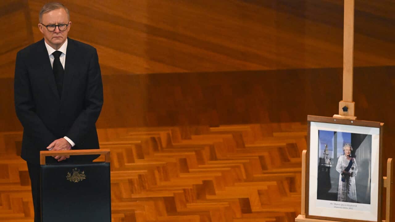 Prime Minister Anthony Albanese stands beside an enlarged photo of Queen Elizabeth II