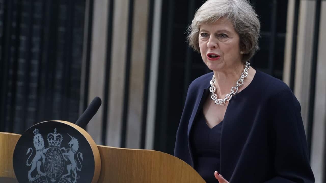 New British Prime Minister Theresa May gives a speech outside 10 Downing Street in London on July 13, 2016,