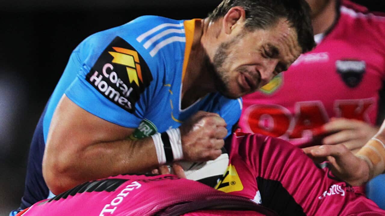 Ashley Harrison hits the Penrith line.
