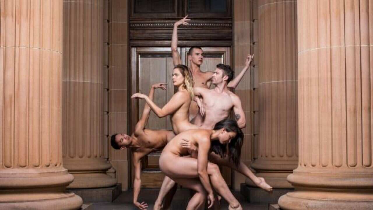 Nude Live: Sydney Dance Company members Dave Mack, Fiona Jopp, Olivia Kingston, Zachary Lopez and Izzac Carroll perform at the Art Gallery of NSW