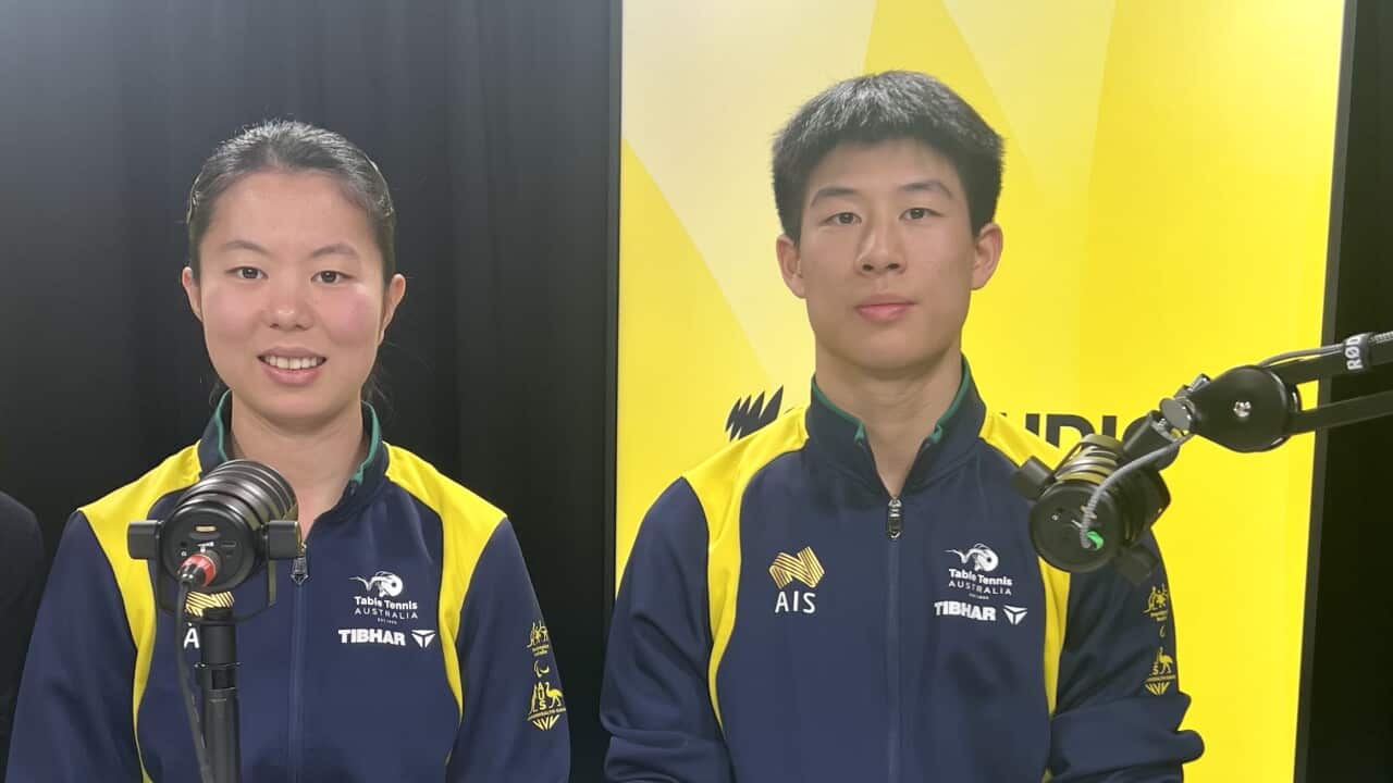澳大利亚华裔乒乓球选手刘杨子(Yangzi Liu)与林文政(Nicholas Lum)