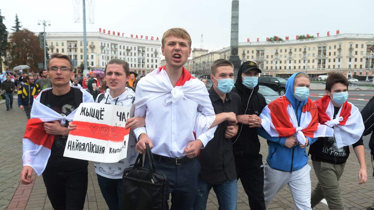 Belarus students march with the opposition flags to show their solidarity with political prisoners in Minsk, Belarus, 01 September 2020.