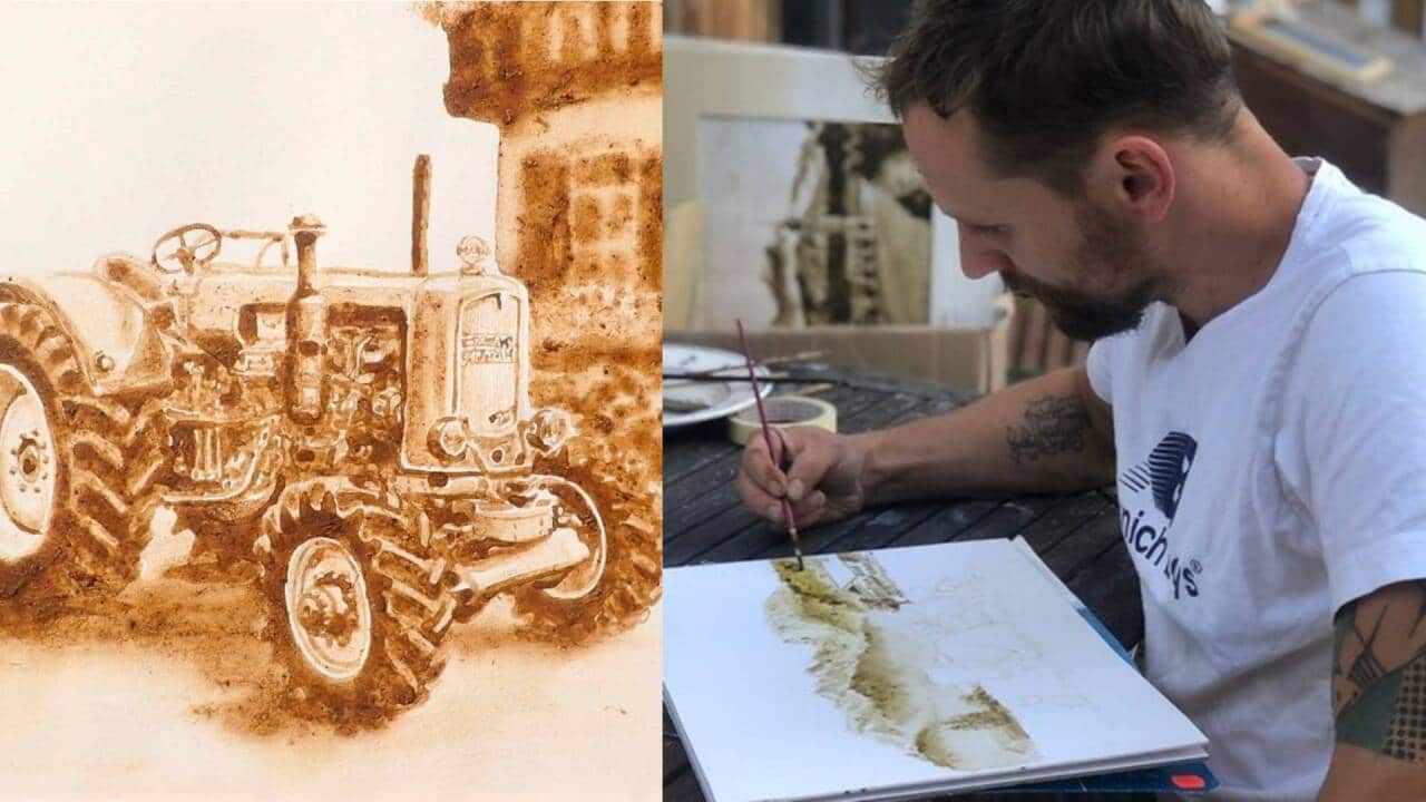 Werner Haertl at work outdoors in his native Bavaria (right) and an artwork he created using cow dung.
