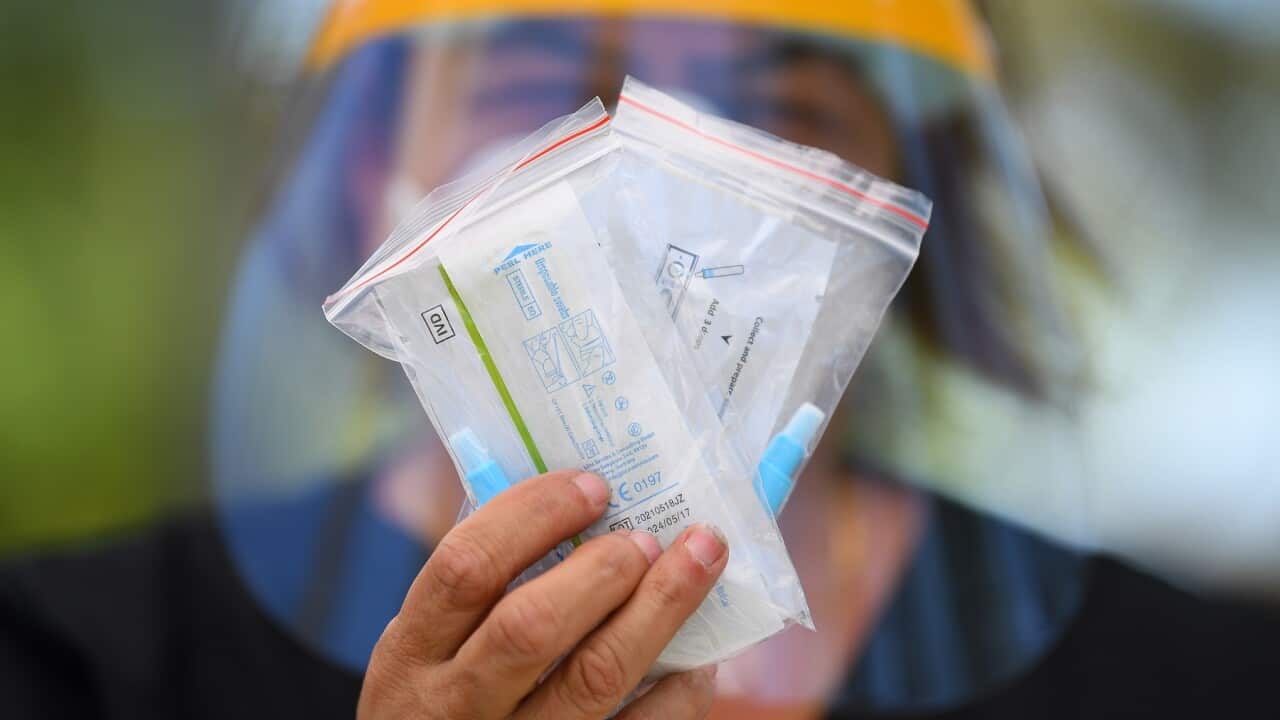 Maria Scafi, the site lead at the Rapid Antigen Test Kit Distribution centre poses for a photograph with a Rapid Antigen Test Kit at the Sunshine West Community Centre in Melbourne, Thursday, January 20, 2022. (AAP Image/James Ross) NO ARCHIVING